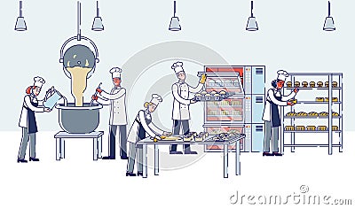 Concept Of Modern Manufacturing Process In Bakery. People Kneading Dough, Make Croissants, Bread And Cupcakes Vector Illustration