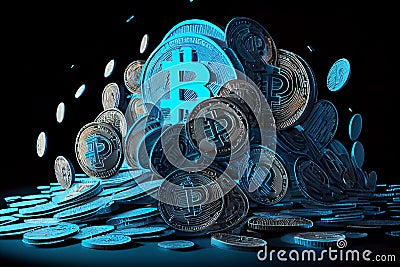 Concept of modern money with a pile of bitcoins with blue light Stock Photo