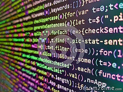 The concept of modern technology and site development. Template of website, selective focus. Coding hacker concept. Green color Stock Photo
