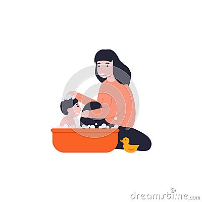 Concept mom bathes her baby Vector Illustration