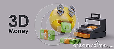 Concept of money, easy earnings. 3D emoticon with mouth full of greenbacks Vector Illustration