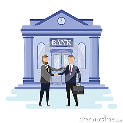 Concept Of Mortgage Loan, Business And Partnership. Two Cute Successful Businessmen Has Make A Deal Shaking Hand To Each Vector Illustration
