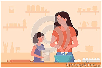 Concept of mother and daughter cooking on kitchen. Mum teaching child how to bake. Cozy kitchen counter on the background. Vector Illustration