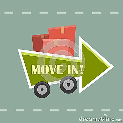 Concept move in relocation arrow forward car truck with boxes on a road, funny cartoon vector illustration clip art Vector Illustration