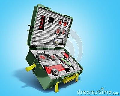 The concept of multi functional agricultural machinery tractor with various trailers assembled in a box 3d render on blue gradient Stock Photo