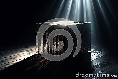 Mysterious pandora box opening with rays of light, high contrast image, ( 3d rendering, illustration ). Generative AI Cartoon Illustration