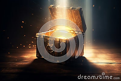 Mysterious pandora box opening with rays of light, high contrast image, 3d rendering, illustration. Generative AI Cartoon Illustration