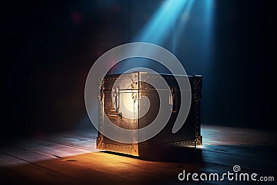 Mysterious pandora box opening with rays of light, high contrast image, 3d rendering, illustration. Generative AI Cartoon Illustration
