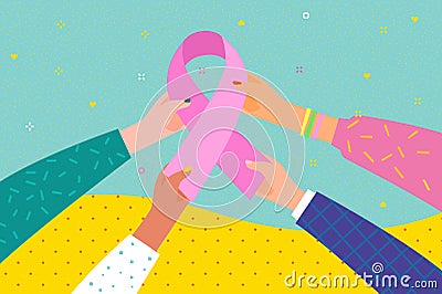 Concept of National Breast Cancer Awareness Month. Women. Hands hold pink ribbon and hearts. Vector Illustration