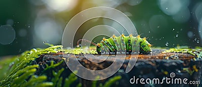 Caterpillar crawling on a yellow-green stump. Concept Nature, Insects, Caterpillar, Stump, Wildlife Stock Photo