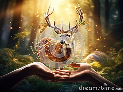 Concept Nature reserve conserve Wildlife reserve tiger Deer Global warming Food Loaf Ecology hands protecting the wild and Cartoon Illustration