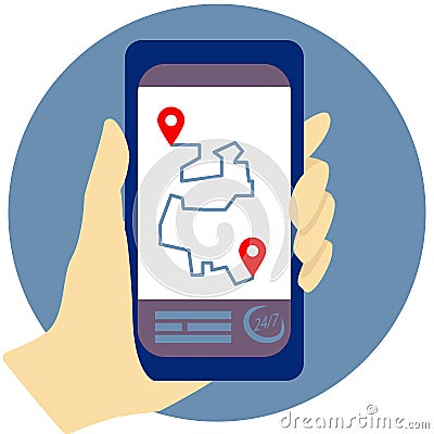 Smartphone in the hand. The concept of navigation two labels on the map in the application. Icon around the clock Cartoon Illustration