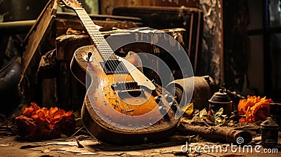 Concept of Neglected Passions. An old guitar lies in a corner gathering dust, indicating the loss of enthusiasm for once Stock Photo