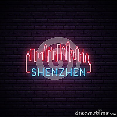 Concept neon skyline of Shenzhen city. Vector Illustration