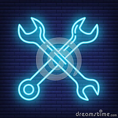 Concept neon wrench construction tool icon, spanner toolkit professional instrument flat line vector illustration, isolated on Vector Illustration