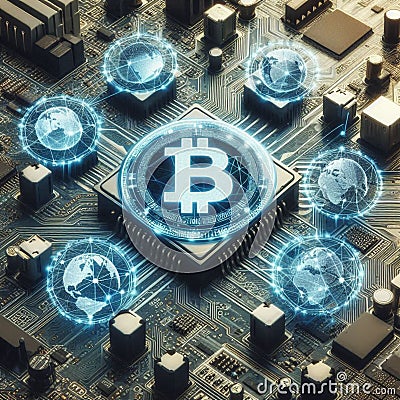 The concept of networks and blockchain technology. Blockchain text on a motherboard microcircuit rapid speed background Stock Photo