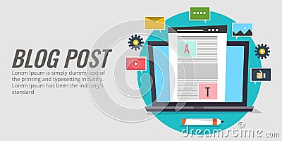 Blog post, content publication, communication with community, digital marketing concept. Flat design blogging vector banner. Vector Illustration