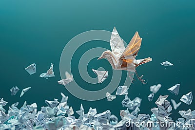 group of crumpled papers with one different paper transforming into an origami bird in flight. ai generated Stock Photo