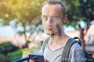 Concept of a new technology of face recognition on polygonal grid is constructed by points of IT security and protection Stock Photo