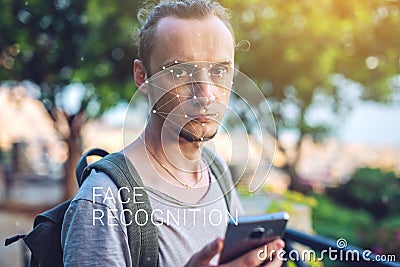 Concept of a new technology of face recognition on polygonal grid is constructed by points of IT security and protection Stock Photo