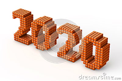 Concept of 2020 New Year text, made from cubes or pixels or texels, isolated on white background with shadows. 3D Render Stock Photo