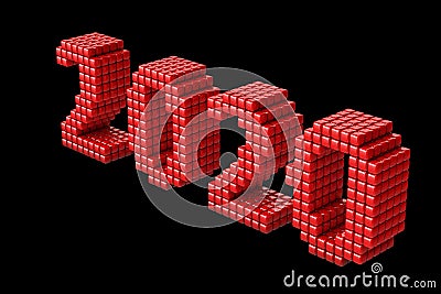 Concept of 2020 New Year text, made from cubes or pixels, or texels isolated on black background. 3D Render Stock Photo