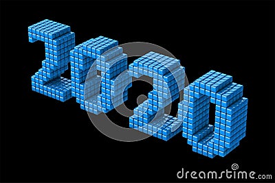 Concept of 2020 New Year text, made from cubes or pixels, or texels isolated on black background. 3D Render Stock Photo