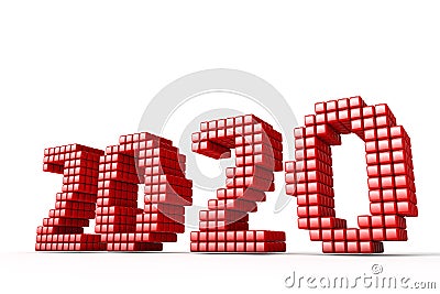 Concept of 2020 New Year text, made from cubes or pixels or texels, isolated on white background with shadows. 3D Render Stock Photo