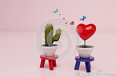 the concept of non-reciprocal love. cactus next to a pot with a heart between them hearts and butterflies. 3d render Stock Photo