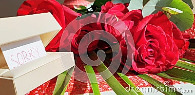 Box with a note sorry and red roses Stock Photo
