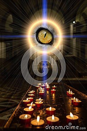 Concept occultism astrology magic. Candles burning in a dark church Stock Photo