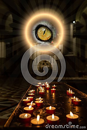 Concept occultism astrology magic. Candles burning in a dark church Stock Photo