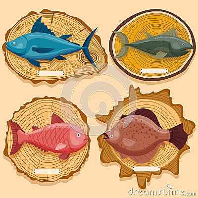 Concept ocean fish on wooden exhibition board, delicious sea minnow, cutting blackboard flat vector illustration Vector Illustration