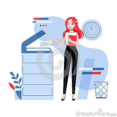 Concept Of Office Work. Young Pretty Girl Is Working In The Office Copying and Scanning Documents, Sending Faxes Vector Illustration