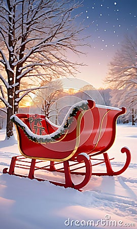 An Old-Fashioned Sleigh Adorned With Twinkling Lights And Red Ribbons, Sitting In Fresh Snow, Under The Golden Hour. Generative AI Stock Photo