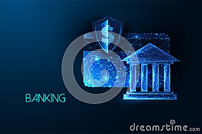 Concept of online banking and digital payment with bank, credit card, protective shield, dollar sign Vector Illustration