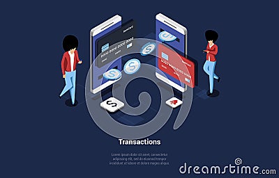 Concept Of Online And Crypto Blockchain Payment With Smartphone. Credit Card Payment. Male And Female Characters Making Vector Illustration