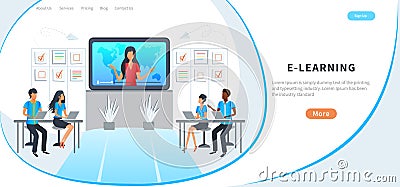 Concept of online education for website and mobile app, training course, e-learning. Students watching video tutorials. Vector Illustration