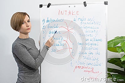 Concept of online education. Young English teacher standing and pointing to the board Stock Photo