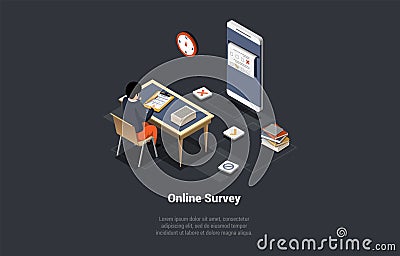 Concept Of Online Survey. Objective Feedback, Choosing Answer, Making Decision and Research. SMM Manager Collecting Vector Illustration