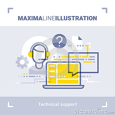 Concept of online tech support and call center. Maxima line illustration. Modern flat design. Vector composition. Cartoon Illustration