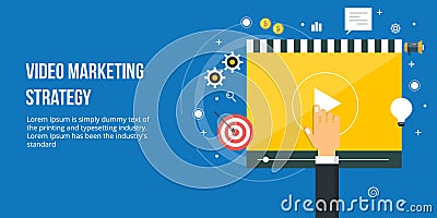 Video marketing for online business promotion. Flat design digital marketing banner. Vector Illustration