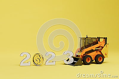 the concept of the onset of 2023. bulldozer loading digits 2023 where the coin dollar instead of 0. 3D render Stock Photo