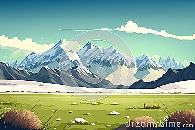Open grassy plains with snowy mountains in the background Stock Photo