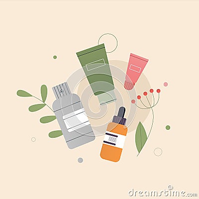 The concept of organic natural cosmetics composition. Tubes of lotion, oil, cream, scrub, serum in glass. On the Vector Illustration