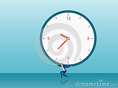 Concept of overtime work, time pressure of a deadline. Businessman carry big clock on his back. Vector Illustration