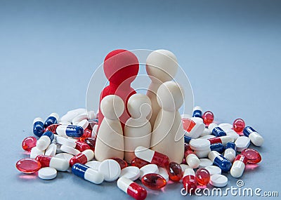 Concept of the overuse and misuse of prescription drugs such as antibiotics and pain killers causing antibiotic drug resistant Stock Photo