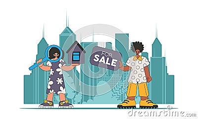 The concept of owning a home. Guy and girl real estate agent sells a house. Vector Illustration