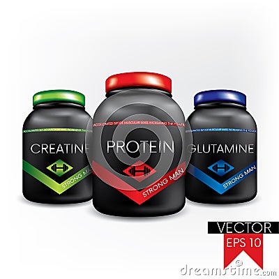 The concept of packaging, cans and labels of sports nutritional supplements. Vector illustration. Sport beauty and health. Body-bu Vector Illustration