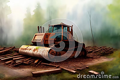 A Painting Of A Bulldozer Sitting On Top Of A Pile Of Logs. Generative AI Stock Photo